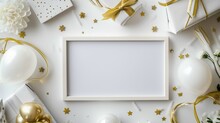 White Frame With White Gift Boxes, Golden Confetti And White Flowers On White Background. Flat Lay, Top View, Copy Space. AI Generated
