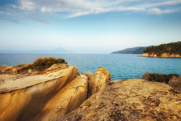 Canvas Print - Amazing landscape of rocky shore at Mediterranean sea. Halkidiki.Karydi beach in Vourvourou. Sithonia peninsula. Greece.