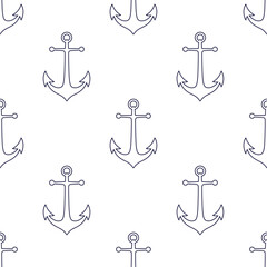 Wall Mural - Dark blue line anchors on white background vector seamless pattern. Marine boyish theme. Best for childish textile, print, wallpapers, and nursery decoration.