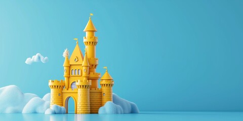 Wall Mural - Magic yellow Princess Castle with flags and towers. Cartoon Style. Children’s game. For games. Fantasy kingdom. Toy. Colourful design. 3D Illustration for book. Copy space for text. Isolated on blue