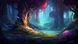 Enchanted forest landscape with mystical glowing flora. Fantasy world.