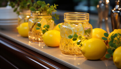 Poster - Fresh lemonade on wooden table, a refreshing summer cocktail generated by AI