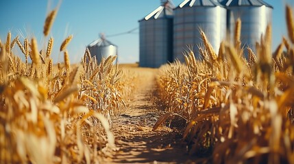 Golden wheat field with grain silos in the distance