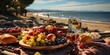 charming picnic scene by the sea with a plaid spread on the sandy shore. Colorful fruits are arranged on the plaid, 
