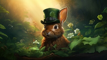 A cute rabbit in a green hat in the bushes. A postcard for St. Patrick's Day. Advertising of a pet store or veterinary service