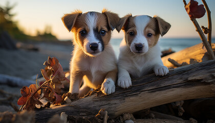 Canvas Print - Cute puppy playing outdoors, sitting on grass, looking at camera generated by AI