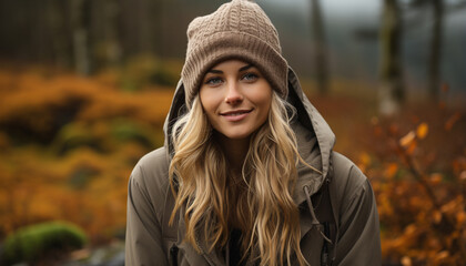 Wall Mural - One young woman smiling, enjoying autumn outdoors in nature generated by AI