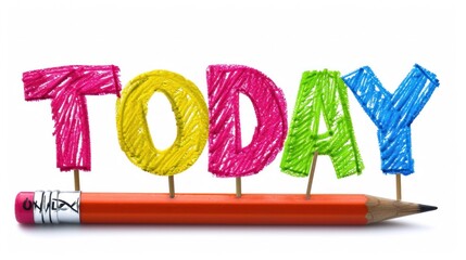 Fototapete - A pencil with the word today written on it is sitting in front of a colored pencil, AI