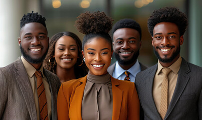 Portrait of successful group of African business people at modern office looking at camera. Portrait of happy African  businessmen and satisfied businesswomen standing as a team