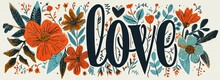 Floral Typography Vintage Illustration , Illustration Depicting The Word 'LOVE' With Floral Embellishments And A Rustic Background, Banner, Greeting Card, Design Template
