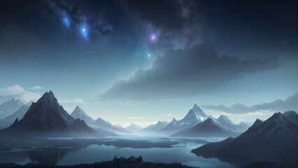 mountain landscape with a lake and a star sky