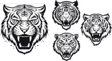 Angry Tiger, Set Of Tiger Head Tattoo. Logo Concept, Great Set Collection Clip Art Silhouette , Black Vector Illustration On White Background.