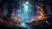 Enchanted Forest Scene With Magical Lights And Mystical Pathway. Fantasy Concept.