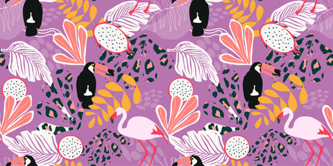 Wall Mural - Seamless pattern with abstract exotic tropical print. Birds toucan, flamingo against the background of palm leaves, animal colors. Vector graphics.