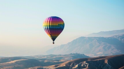 Sticker -  a multicolored hot air balloon flying over a mountain range in the distance with mountains in the foreground and a blue sky with a few clouds in the foreground.