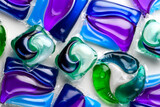 Fototapeta Las - Washing capsules, colorful laundry pods. Colorful Soluble capsules with laundry gel detergent and dishwasher soap. Pile of various washing pod capsules. Detergent tablets. Top View, Flat Lay 