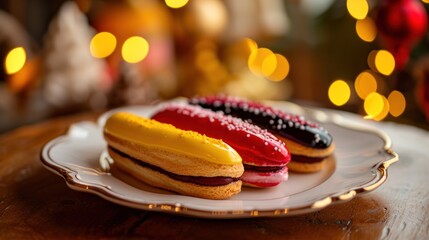  a couple of cookies sitting on top of a white plate on top of a wooden table next to a red and yellow christmas ornament and a red ornament.