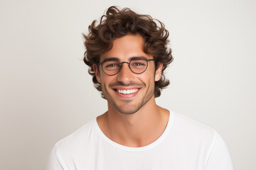 Sticker - A photo portrait of a beautiful man over 20 years old in glasses, smiling with clean teeth, perfect teeth. To advertise dentistry. Highlighted on a white background