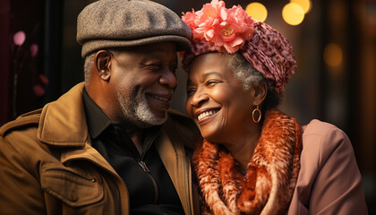 Wall Mural - African and Caucasian couple smiling, embracing, enjoying nature, celebrating love generated by AI