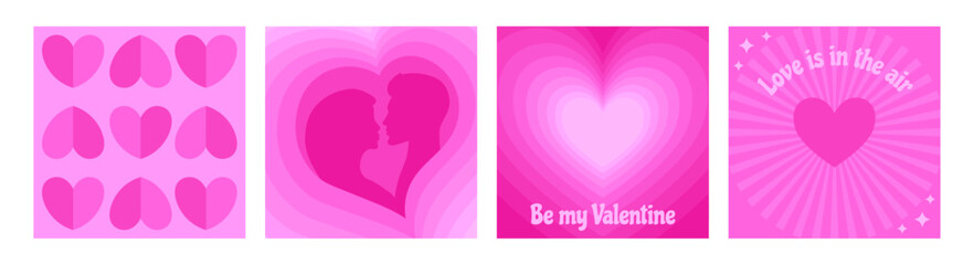 Aufkleber - Happy Valentine's Day square banner designs set.  Vector templates for celebration, card or social media post. Be my Valentine text on background with human couple and cutout pink hearts decoration 