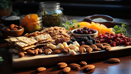 Wall Mural - Freshness and variety of gourmet snacks on wooden table generated by AI