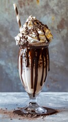 Wall Mural - Chocolate milkshake with whipped cream and straw. Food photography. Isolated background