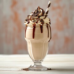 Wall Mural - Chocolate milkshake with whipped cream and straw. Food photography. Isolated background