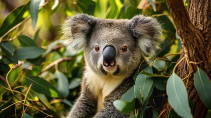 Sticker -  a close up of a koala in a tree looking at the camera with a blurry background of leaves and a blurry foreground of the koala.