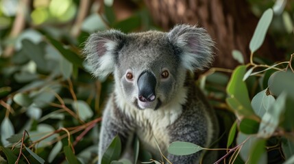 Poster -  a close up of a koala in a tree looking at the camera with a blurry background of leaves and a tree with a tree trunk in the foreground.