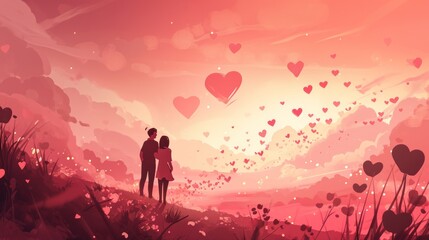 Poster -  a man and a woman standing on a hill with hearts flying in the sky above them and a field of flowers in the foreground with hearts floating in the sky.