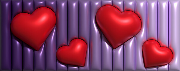 Poster - Red hearts on a purple background of inflated stripes, 3D rendering illustration