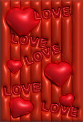 Poster - Red background with inflated hearts and the inscription love, 3D rendering illustration