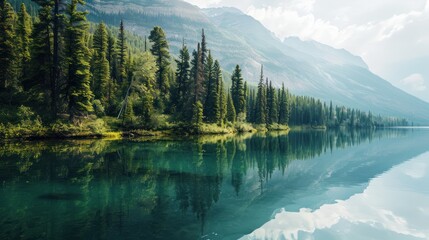 Sticker -  a body of water surrounded by a forest filled with lots of green trees and surrounded by a mountain range with snow on the top of the mountains in the distance.