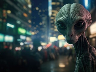 Poster - An alien is standing in the middle of a city street. Generative AI.