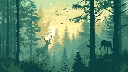 Poster -  a painting of a deer in a forest with birds flying over the trees and birds in the sky above the trees and in the distance is a full moonlit sky.