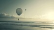  a couple of hot air balloons flying over a body of water on a cloudy day with a bottle in the air and a bottle in the middle of the air.