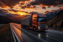 European Truck Vehicle On Motorway With Dramatic Sunset Light. Cargo Transportation And Supply Theme.