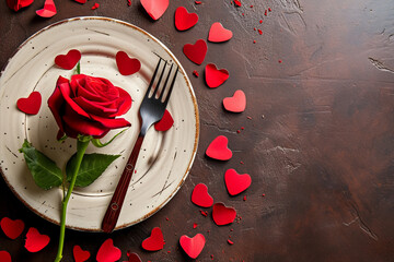 Wall Mural - overhead flat lay view of a valentine meal setting, a plate with a red rose and heart shapes