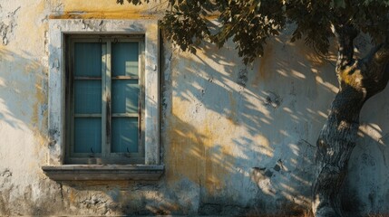 Poster -  a tree casts a shadow on the wall of an old building with a window and a window pane on the side of the building, and a tree casting a shadow on the side of the wall.