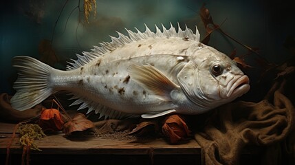 Canvas Print -  a large white fish sitting on top of a wooden table next to a pile of leaves and a brown and white cloth on top of a wooden table next to a blue wall.