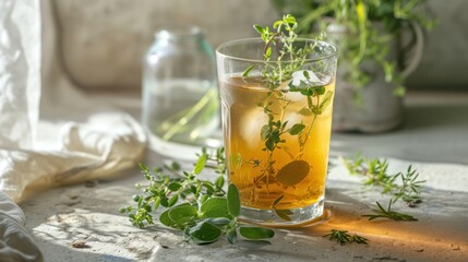 Poster -  a glass of tea sitting on top of a table next to a vase filled with flowers and greenery on top of a table cloth covered with a white cloth.