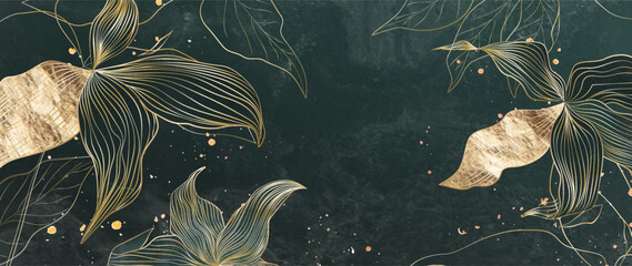 Wall Mural - luxury watercolor art background with golden leaves and flowers in line art style. botanical abstrac