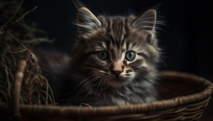 Poster - Cute kitten with fluffy fur sitting, looking at camera curiously generated by AI