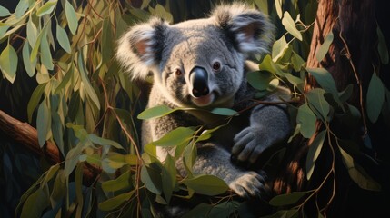 Poster -  a painting of a koala sitting in a tree with green leaves on it's branch and looking at the camera with a surprised look on its face,.