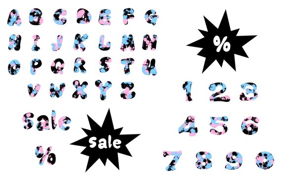 Set English alphabet and numbers and sale and percent print for wrapping paper and shops packaging