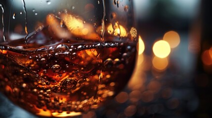 Poster -  a close up of a glass of wine with water droplets on the glass and a blurry background of lights and boke of lights in the back droplet.