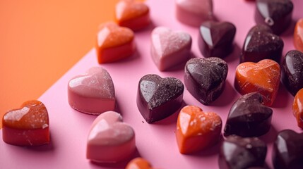 Sticker -  a group of heart shaped chocolates sitting on top of a pink and orange table next to a pink and orange wall and a pink table with a few hearts on it.