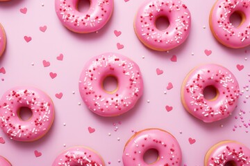 pink donuts isolated on pastel background advertising style with heart shaped  glitter around. Creative social media or website poster of bakery or cafe.	