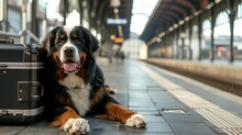 Photo The Bernese Mountain Dog Lies By A Suitcase On The Platform Of The Railway Station. Traveling With A Pet.