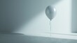  a white balloon floating in the air with a long string sticking out of it's side, in a white room with a light from the window on the wall.